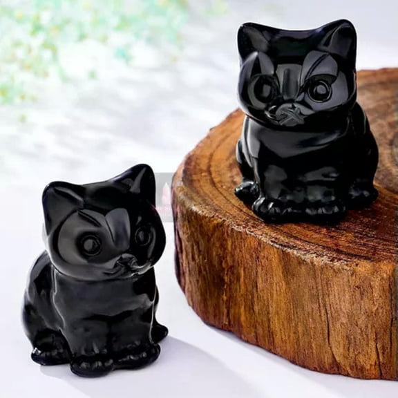 K-KED Natural Quartz Crystal Carved Lucky Cat Healing Stone Skull Kitty Mascot Animal-Black Obsidian Quartz Crystal
