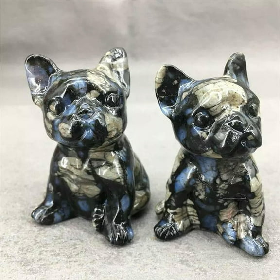 K-KED 5Pcs Natural Blue Amphibole Stone Quartz Crystal French Bulldog Carved Cute Gift