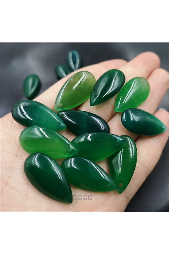 5Pcs Natural Green Chalcedony Agate Double-Faced Water Drop Jade Pendant Gift