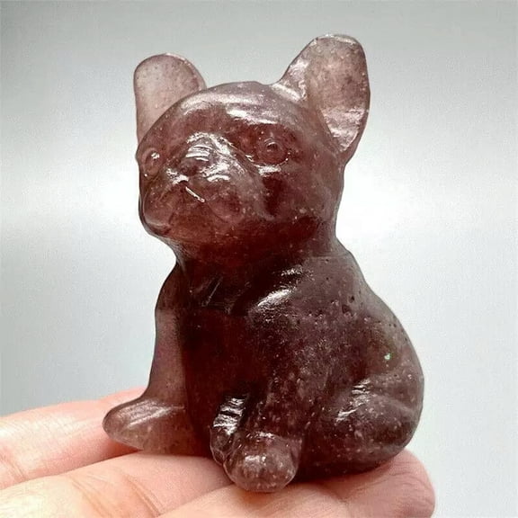 K-KED 5Pcs Natural Strawberry Quartz Crystal French Bulldog Carved Mini Animal Statue
