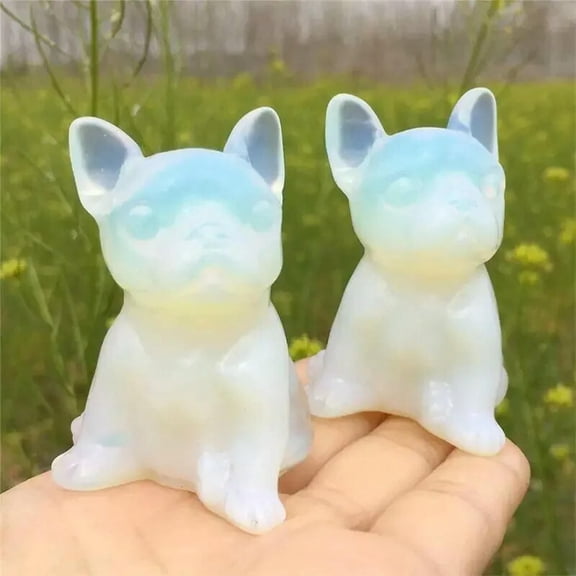 K-KED 5Pcs Natural White Opal Quartz Crystal French Bulldog Gemstone Carved Pet Statue
