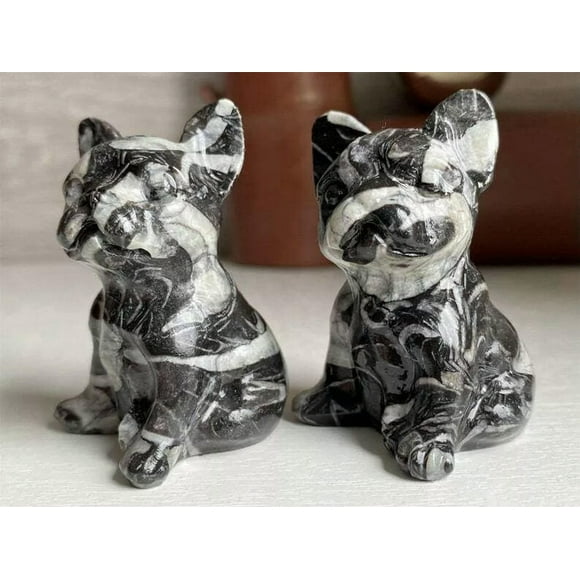 K-KED 5Pcs Natural Zebra Stone Quartz Crystal French Bulldog Carved Mini Pet Dog Decor