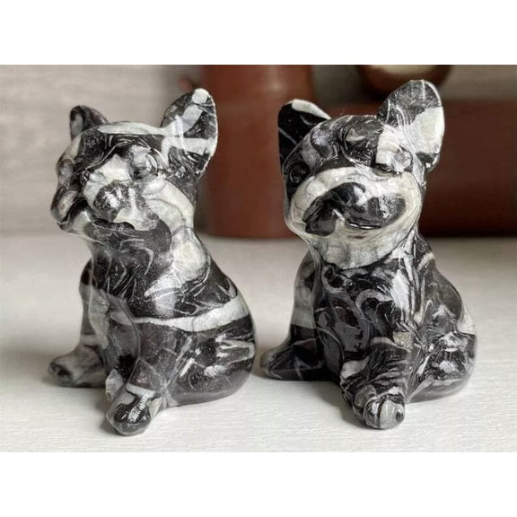 K-KED 5Pcs Natural Zebra Stone Quartz Crystal French Bulldog Carved Mini Pet Dog Decor
