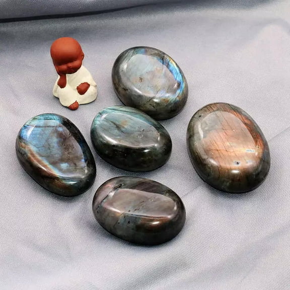 K-KED 5Pcs Raw Natural Labradorite Crystal Polished Palm Stone Healing Quartz Stone
