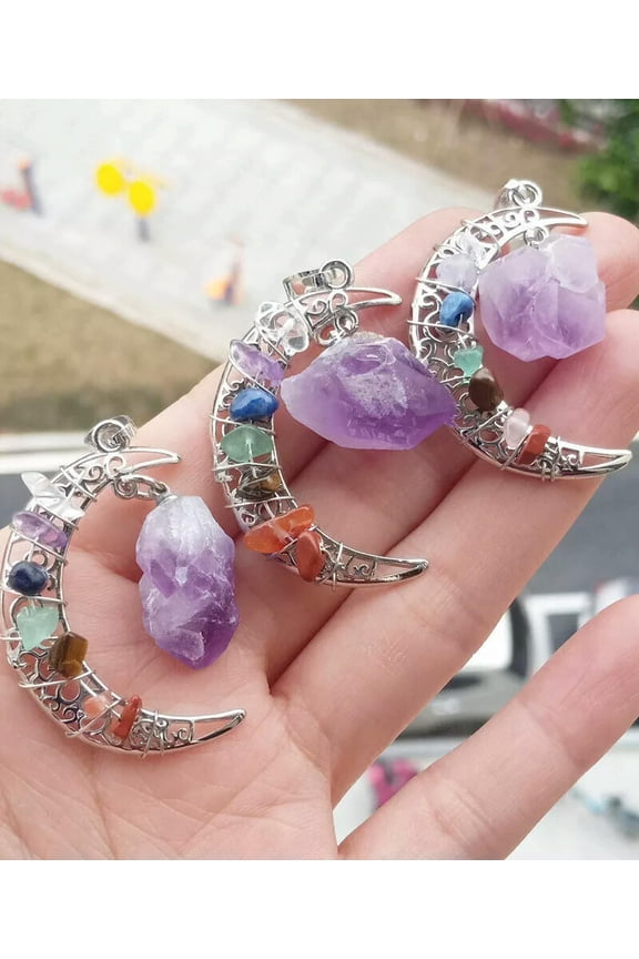5pcs Amethyst Gems stone Moon Pendants 7 Chakra Reiki Healing Amulet