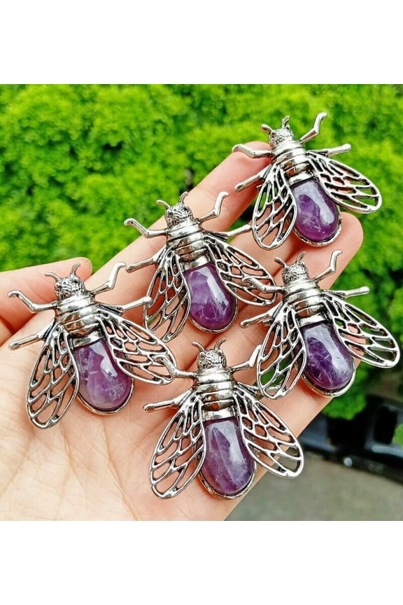 5pcs Amethyst Stone Cicada Fly Pendants Brooch Chakra Reiki Healing Amulet