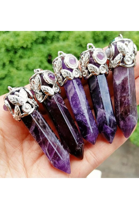 5pcs Amethyst Stone Pendants Hexagon point Energy Reiki Healing Amulet