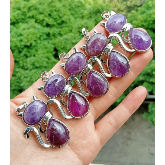 K-KED 5pcs Amethyst stone Kitty Cat Healing Pendants Chakra Reiki Healing Amulet