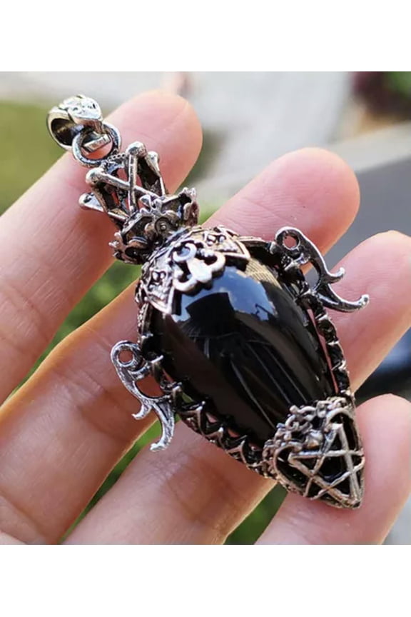 5pcs Antique Silver Obsidian Gems Wand Pendants Magic Lamp Luck Amulet