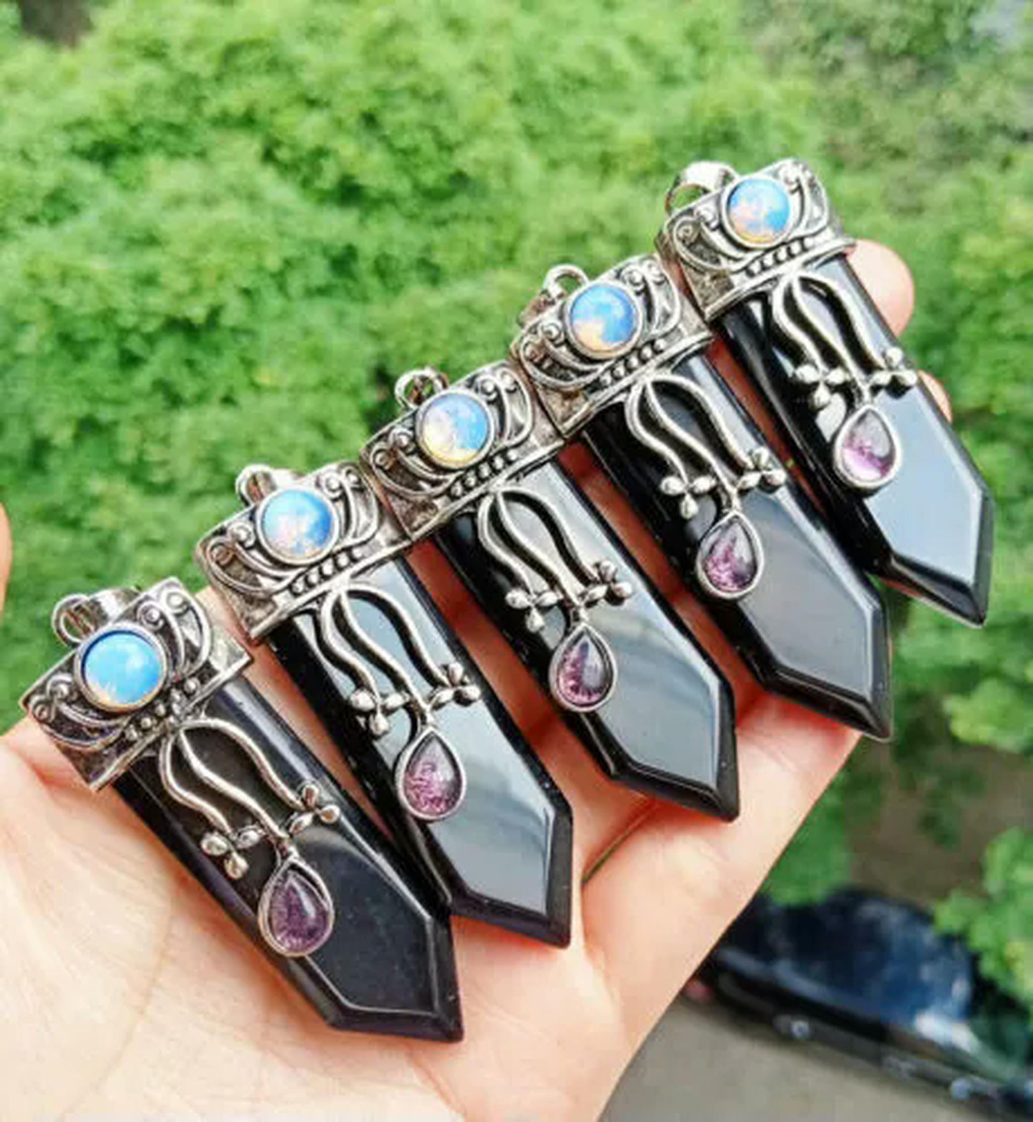 K Ked Pcs Black Agate Stone Sword Pendants Prism Chakra Reiki Healing