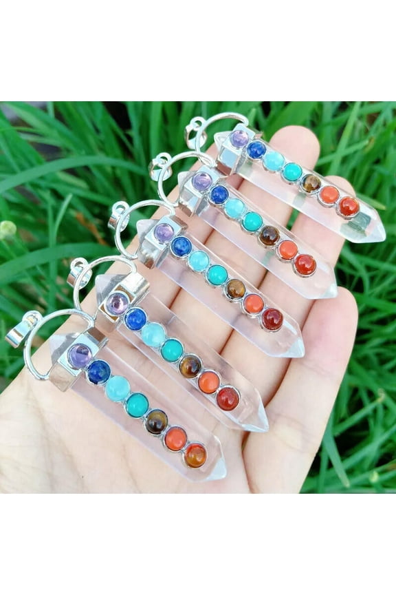 5pcs Clear Crystal 7 Chakra stone Pendants Hexagon Magic Reiki Healing Amulet