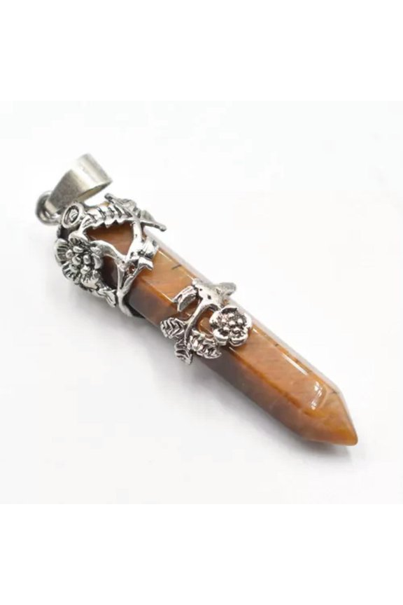 5pcs Gemstone Hexagonal Prism Quartz Crystal Healing Point Pendant Necklace-tiger eye stone