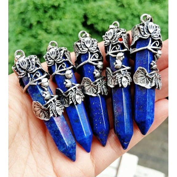 K-KED 5pcs Lapis Lazuli stone Lotus Pendants Chakra Reiki Healing Amulet Energy