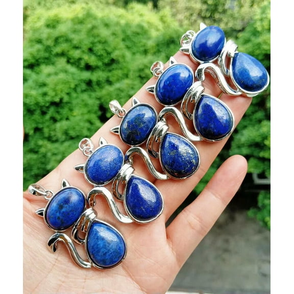 K-KED 5pcs Lapis stone Kitty Cat Healing Pendants Chakra Reiki Healing Amulet