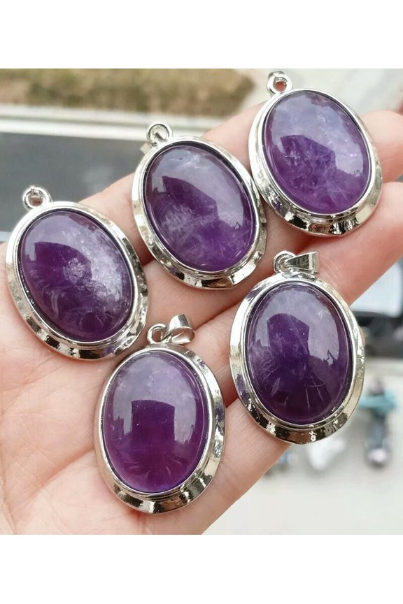 5pcs Natural A Amethyst Gems Stone Oval Pendants Chakra Reiki Healing Amulet