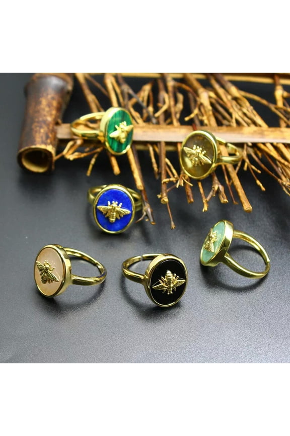 5pcs Natural Stone Bee Gemstone Adjustable Rings Magic Reiki Healing Amulet