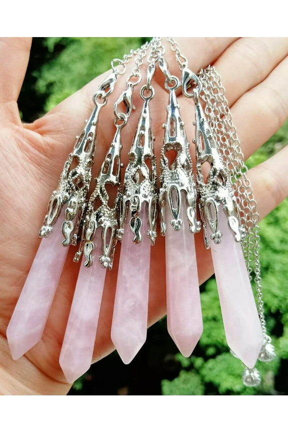 5pcs Rose Quartz Stone Pendulum Pendants Tower Prism Wand Energy Reiki Amulet