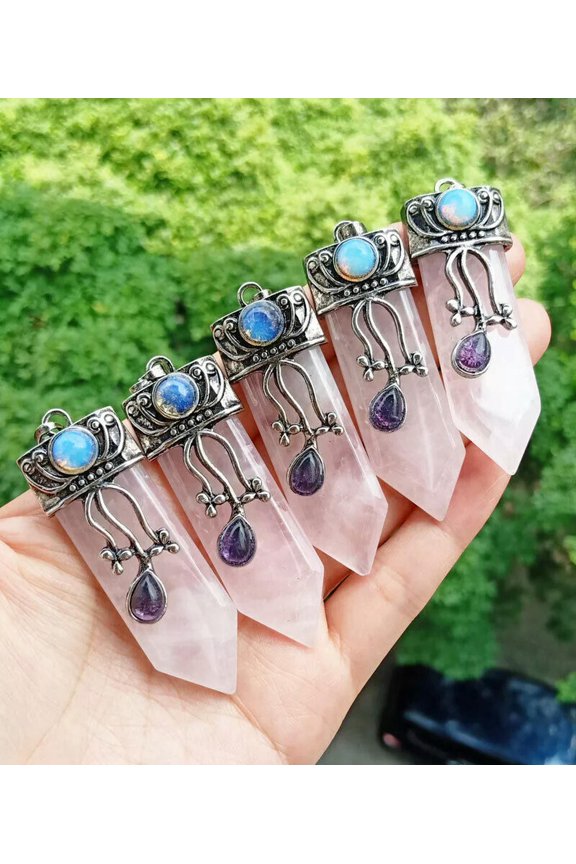 5pcs Rose Quartz Stone Sword Pendants Prism Chakra Reiki Healing Amulet