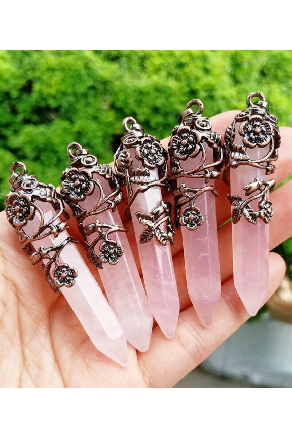 5pcs Rose Quartz stone Rose Pendants Hexagon Chakra Reiki Healing Amulet Energy