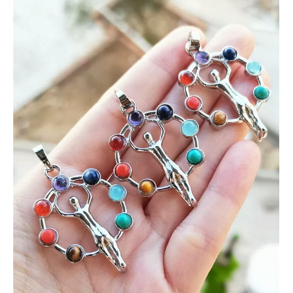 K-KED 5pcs Yoga 7 Chakra Gems Stone Pendants Heart Energy Reiki Healing Amulet