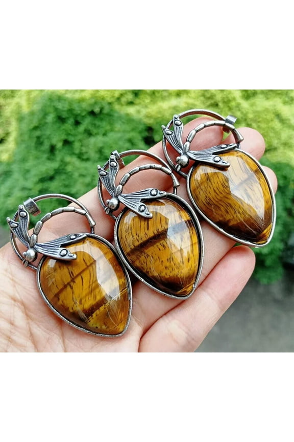 5pcs tiger eye stone Dragonfly Pendants bead Energy Reiki Chakra Amulet