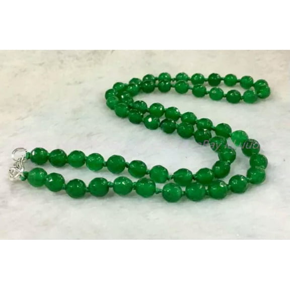 K-KED 6/8/10mm Faceted Green Jade Round Gemstone Beads Necklace 18'' Silver Clasp-10mm