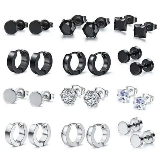 K-KED 6 Pairs Earring Set Black Stainless Steel Huggie Hoop Stud Punk Ear Piercing-Black