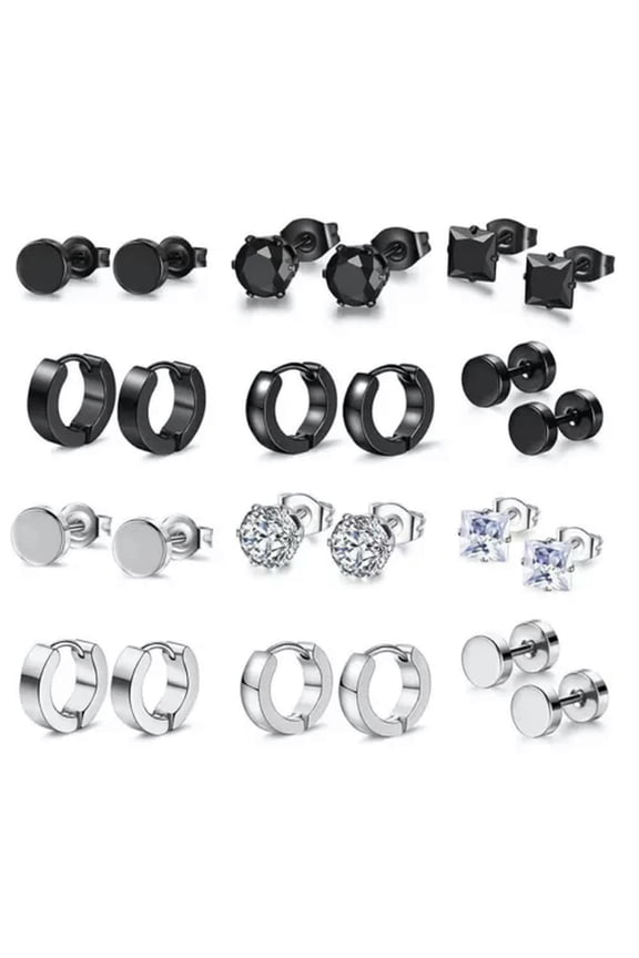6 Pairs Earring Set Black Stainless Steel Huggie Hoop Stud Punk Ear Piercing-Black