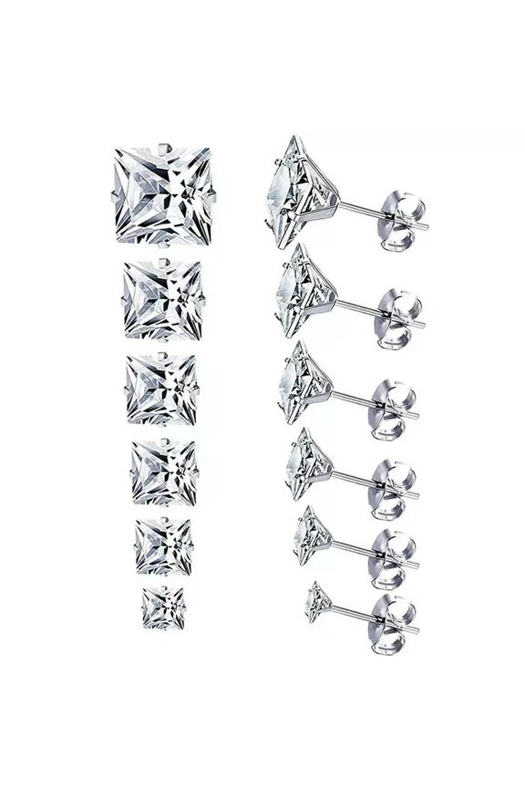 6 Pairs Earring Stud Set Square Zirconia Stainless Steel Ear Piercing Women Men-default