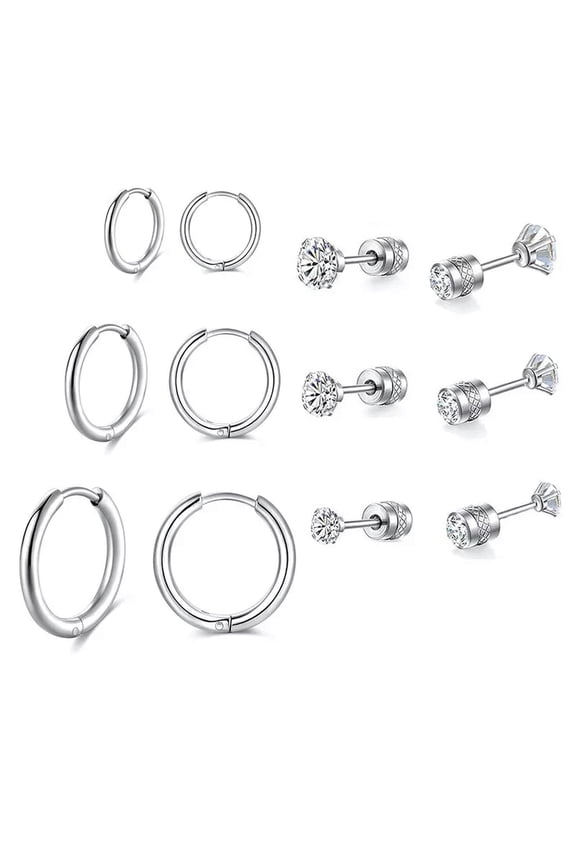 6 Pairs Stainless Steel CZ Stud Earrings Sets Women Men Cartilage Ear Piercing-default
