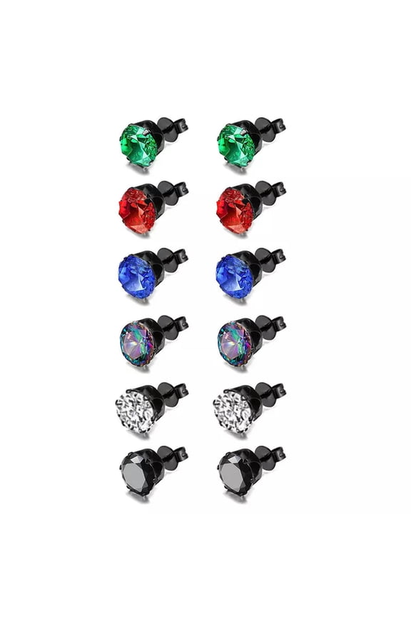 6 Pairs Stainless Steel Stud Earring 6mm Rainbow Zirconia Ear Cartilage Piercing-default