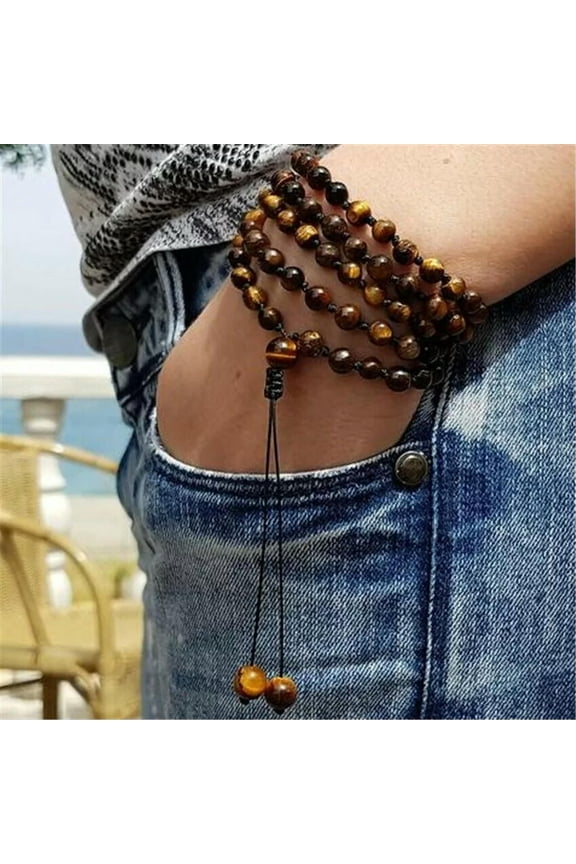 6MM Tiger's-eye Gemstone Mala Necklace 108 Beads Tassel Lucky Reiki Unisex cuff