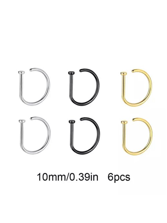 6PCS Nose Ring Surgical Steel D-Shaped NoseLip Tragus Cartilage Piercing Jewelry-10mm 6pcs