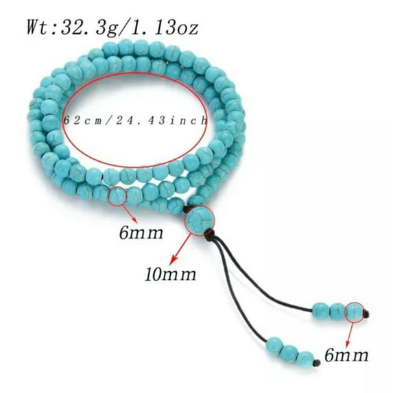 K-KED 6mm 108 Natural Gemstone Beads Buddhist Prayer Mala energy Bracelet Necklace-Blue Turquoise