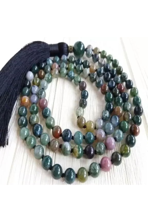 6mm Moss Agate Gemstone 108 Beads mala Tassel Necklace Tibetan Chakra Gift