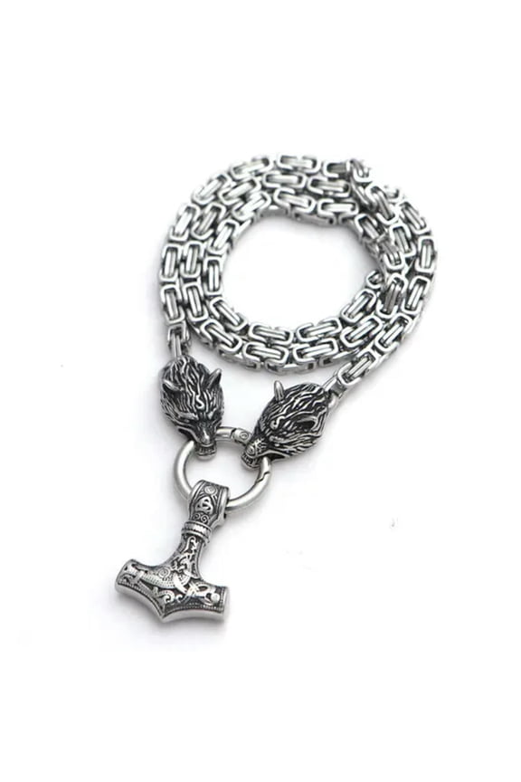 6mm Silver Stainless Steel Wolf Head Thor's Hammer Pendant Byzantine Necklaces-50cm(20in) Necklace