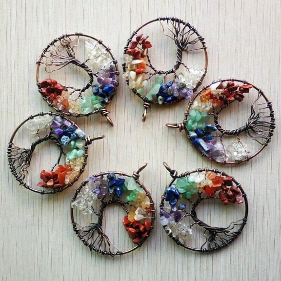 K-KED 6pcs 50mm 7 Chakra Natural Stone Wrap Wisdom Tree Copper Plated Round Pendants