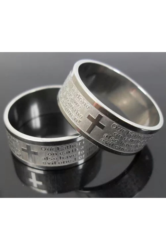 6pcs ETCH English LORD'S PRAYER Stainless Steel Ring MEN Jesus Cross Jewelry