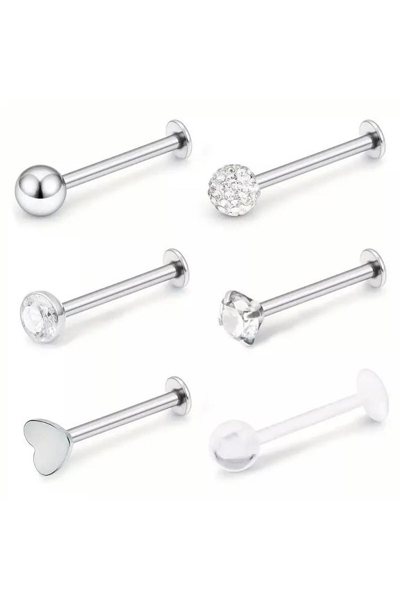 6pcs/Set Lip Studs Earring Stainless Steel Transparent Plastic Heart Lip Jewelry-default