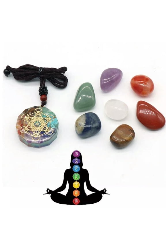 7 Chakra Natural Tumbled Stones Healing Gravel Gemstone Resin Pendant Reiki Set-default