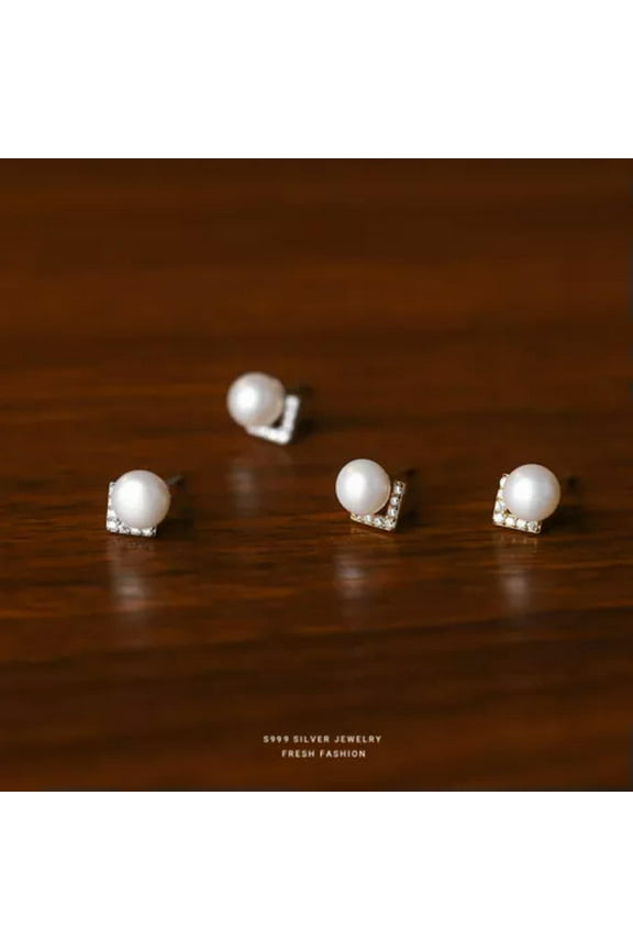 7mm White Lab-Created Pearl Zircon Stud Earrings 925 Sterling Silver-Gold