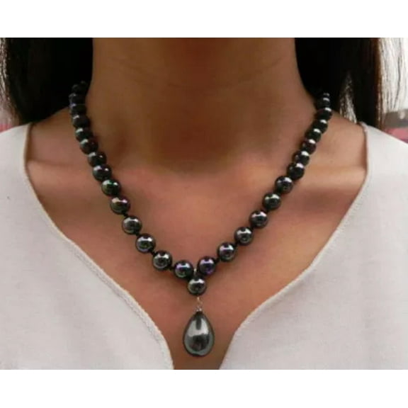 K-KED 8/10mm Black South Sea Shell Pearl Round Beads Drop Pendant Necklace 18" AAA+-10 mm
