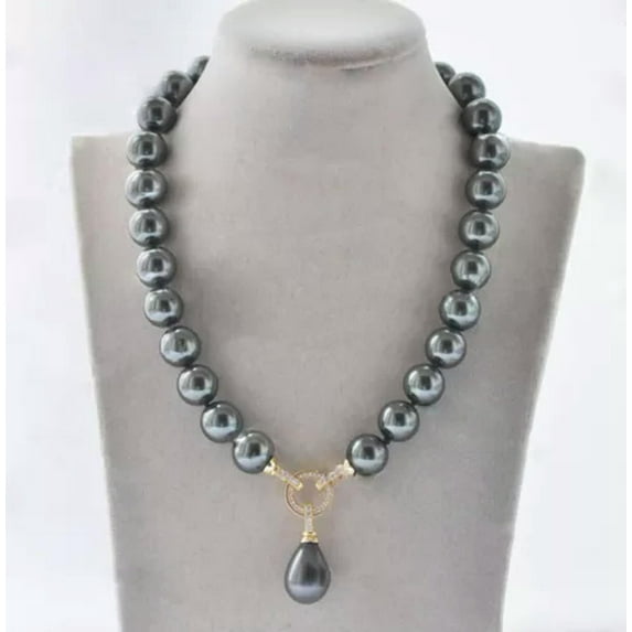 K-KED 8-14mm Dark Gray Round South Sea Shell Pearl Teardrop Pendant Necklace 14-32''-10 mm-30 in