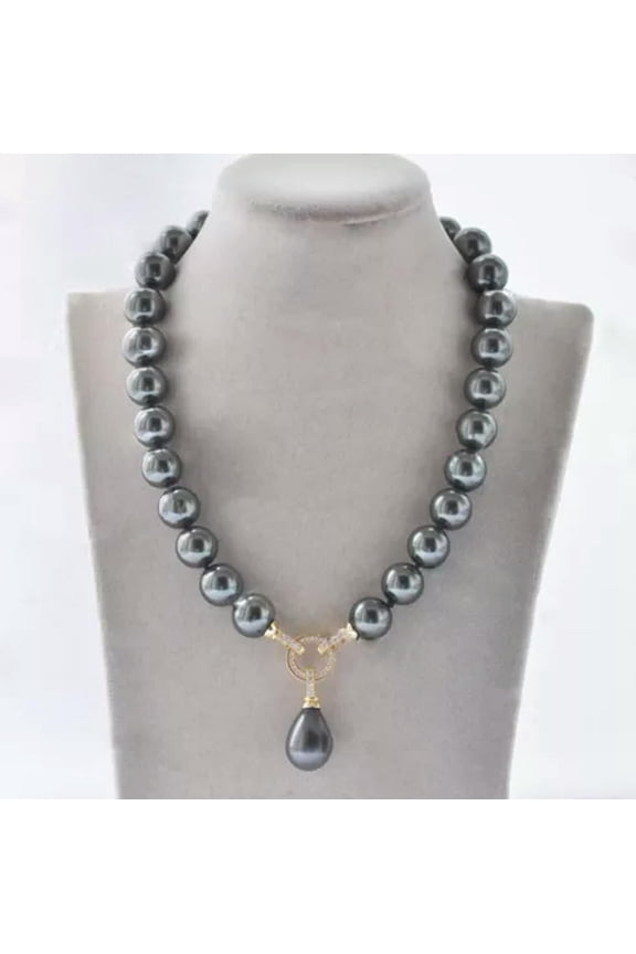 8-14mm Dark Gray Round South Sea Shell Pearl Teardrop Pendant Necklace 14-32''-14 mm-24 in