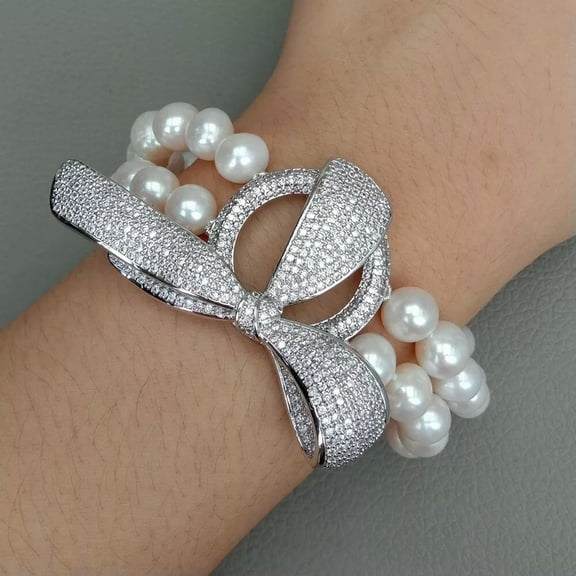 K-KED 8" 2rows 8-9MM White Pearl Bracelet White Gold Plated CZ Pave Connector