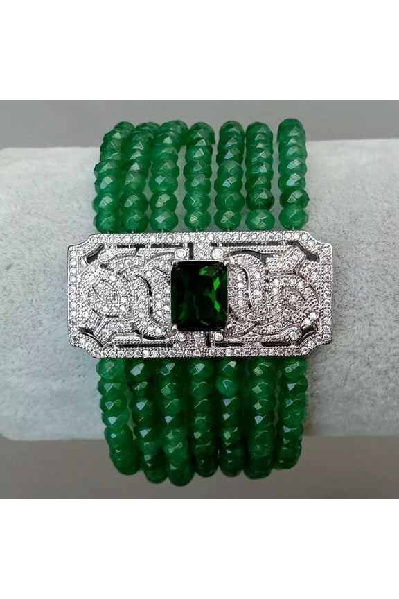 8'' 7 Rows Green Rondelle Jade CZ Pave Connector Bracelet