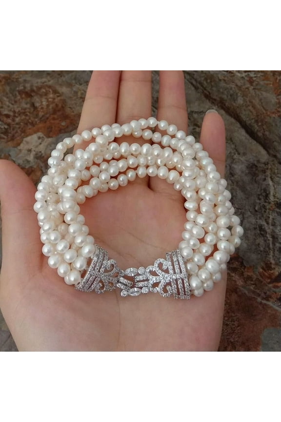 8" 7 Rows White Pearl Bracelet Cz Clasp