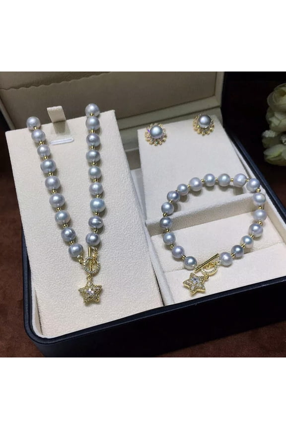 8-9mm Gray freshwater pearl Necklace bracelet earrings set