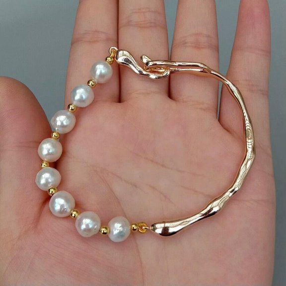 K-KED 8" Cultured White Pearl Bracelet Natural Pearl Gold Plated Bangle Bracelet