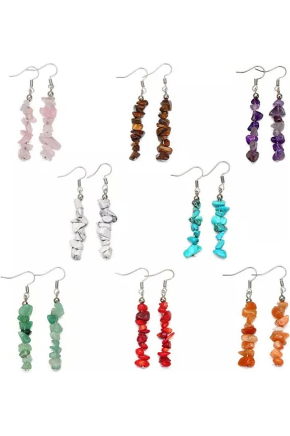8 Pairs Natural Tumbled Stone Dangle Earrings Drop Hook Chakra Gemstone Chip Set